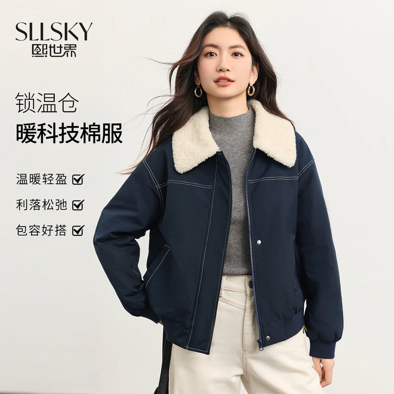 1B4SM007熙世界工装派克风棉服2025冬季新款毛绒翻领棉衣短外套