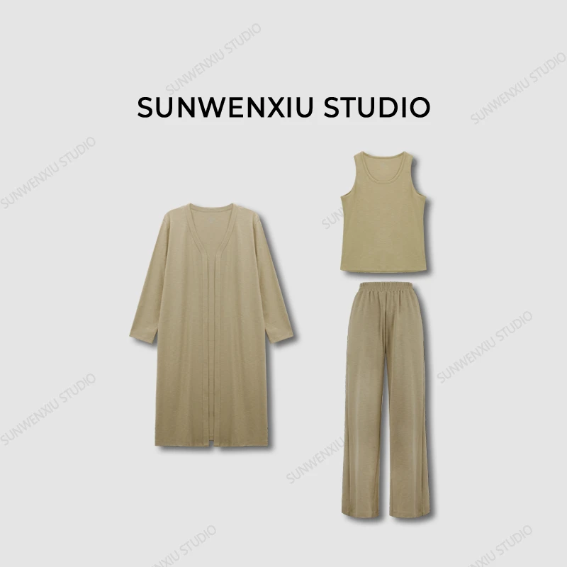 swx studio2店 “休息日套装”长短开衫背心直筒裤三件套