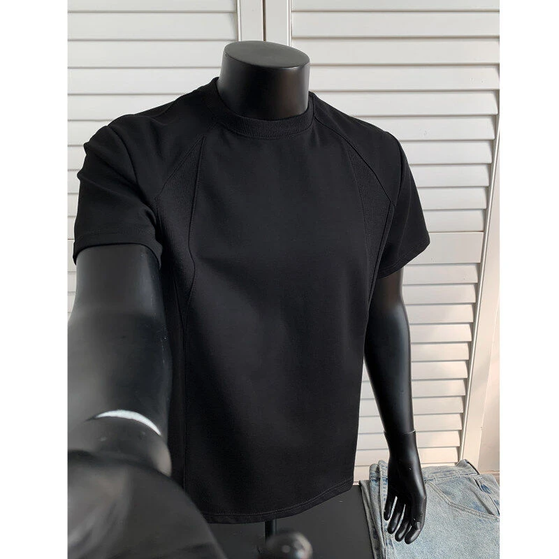 cleanfit重磅正肩短袖男款夏季美式复古小领口T恤拼接高级感半袖