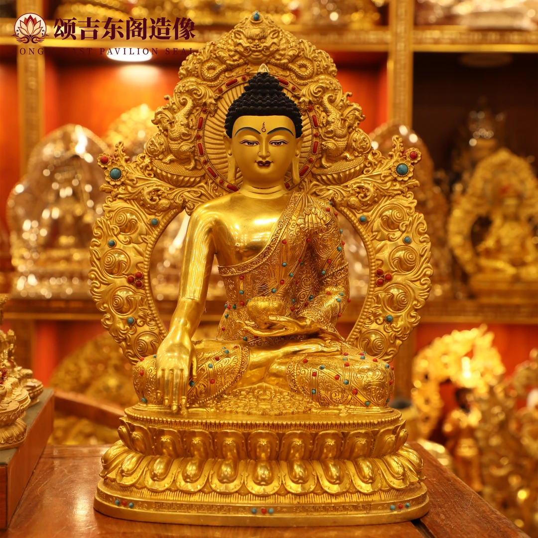 西藏传统工艺佛像带背光铜鎏金居家桌面摆件高35cm