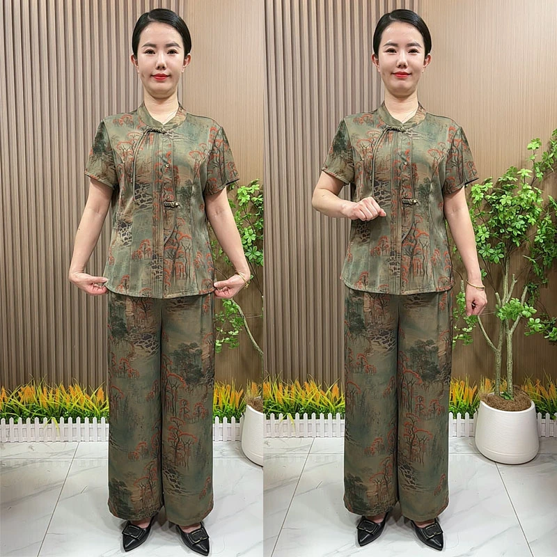 妈妈装夏季气质套装中老年女装大码宽松两件套装洋气妈妈衣服