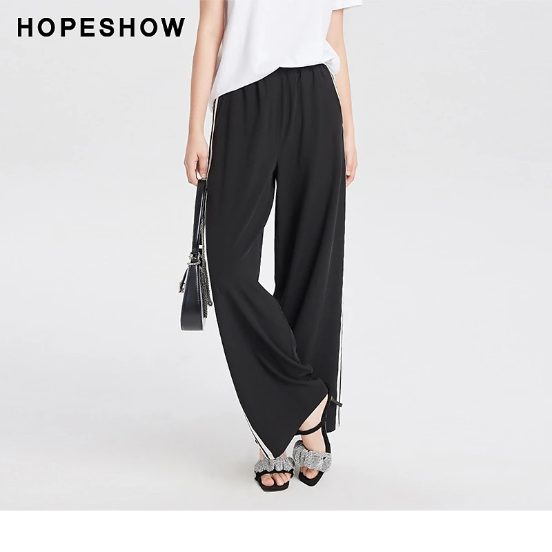 红袖夏季新款女装 侧边撞色条纹抽绳直筒长裤89423171211