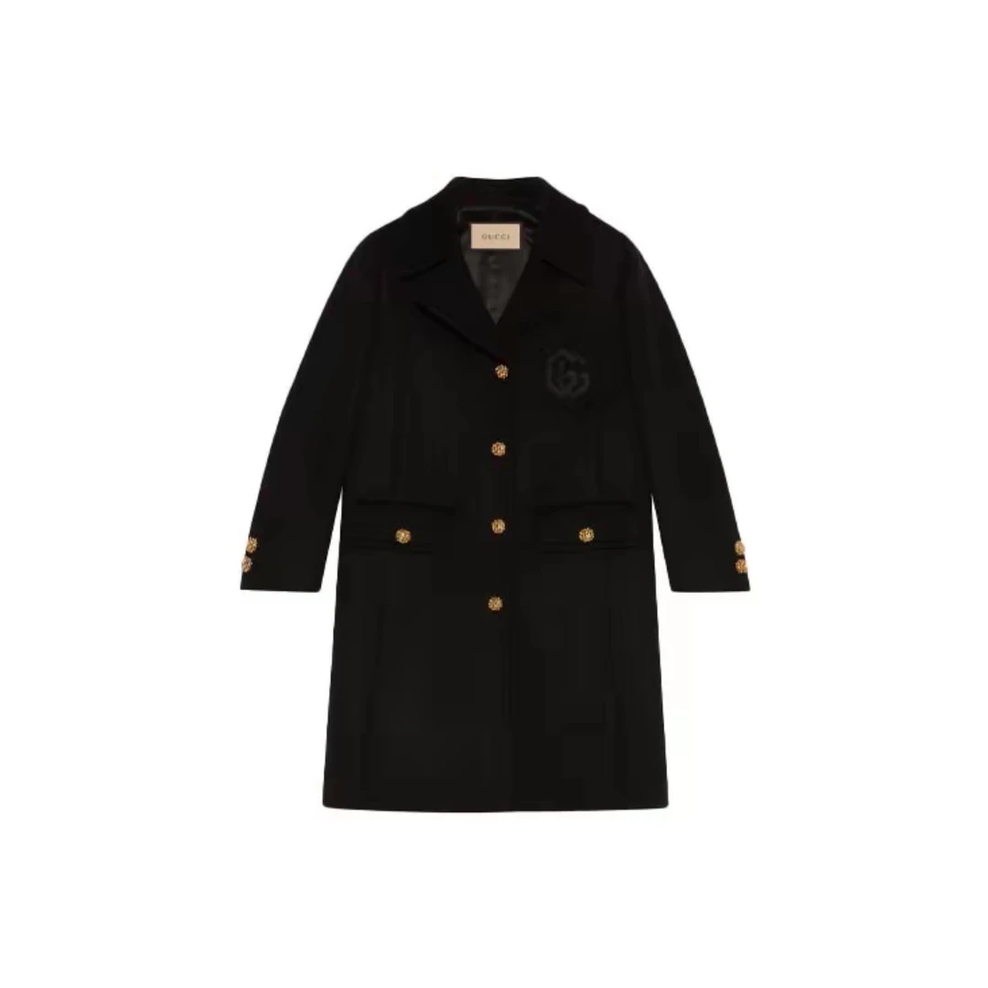 99新 GUCCI/古驰 纯色Logo字母刺绣双排扣羊毛大衣 /40码/A02032