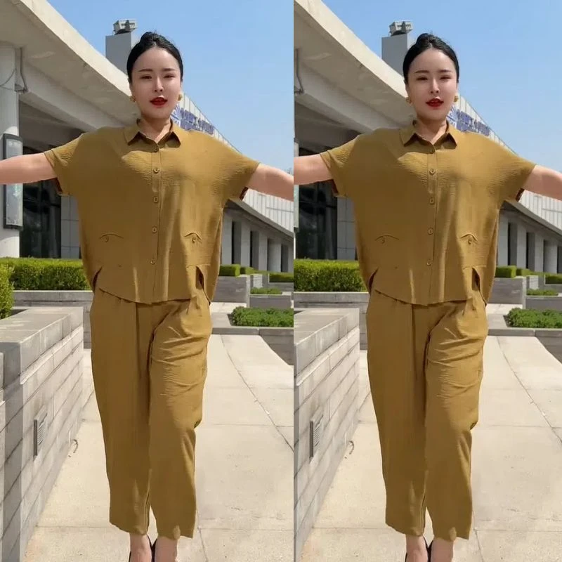 2025夏季新款套装时尚妈妈高档气质减龄休闲宽松遮肉纯色两件套