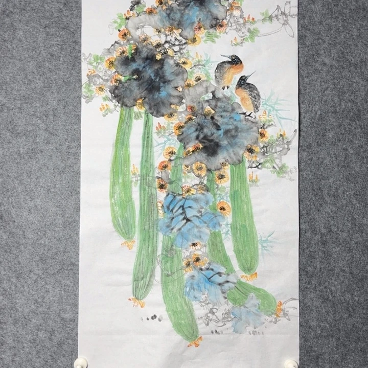 国画手绘国风花鸟丝瓜图