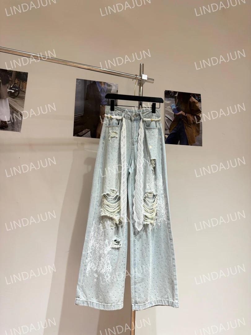 大君君「烫钻蕾丝」新款春夏显瘦直筒慵懒风蕾丝破洞烫钻牛仔裤