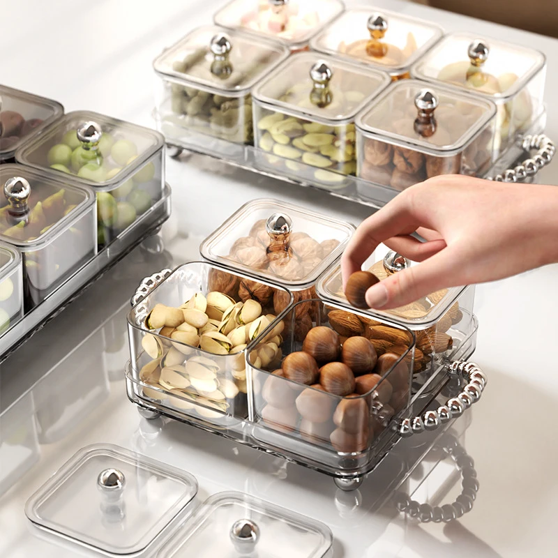 家用网红轻奢分格干果盘水果盘糖果盒收纳盒塑料方形八格透明灰