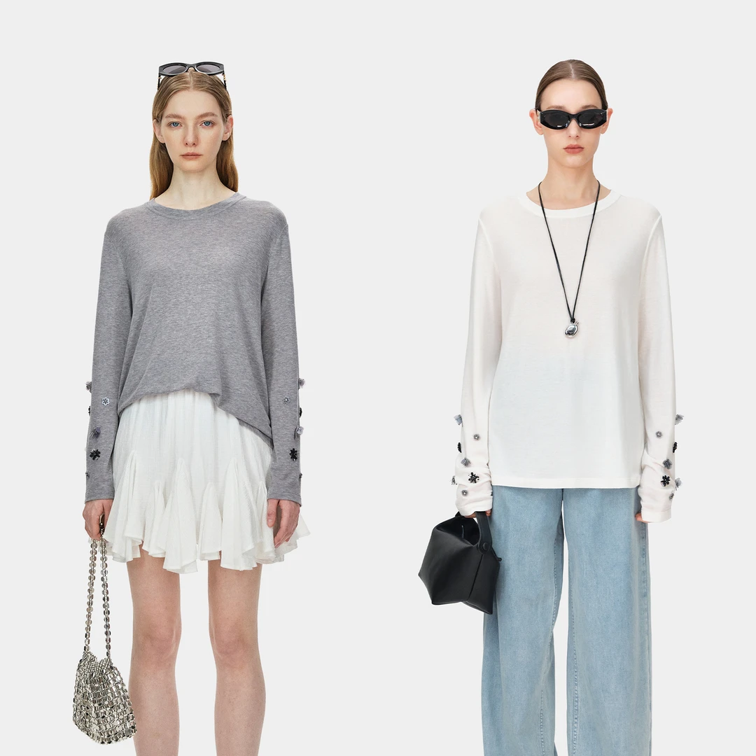 Marllen逸珠绮衣 早春新款百搭松弛感打底 手工订珠花朵长袖T恤女