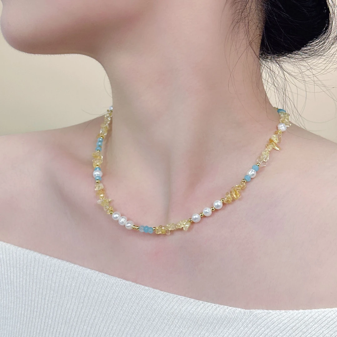 铜合金锆石项链 黄色碎石随形串珠珍珠项链WS699