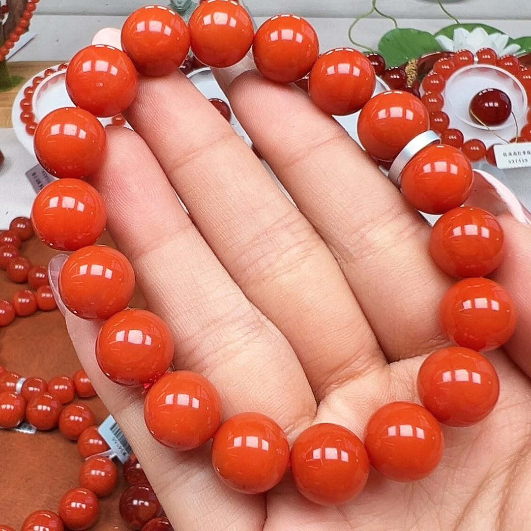 南红玛瑙未镶嵌手串高货 瓦西满色满肉柿子红卡11+