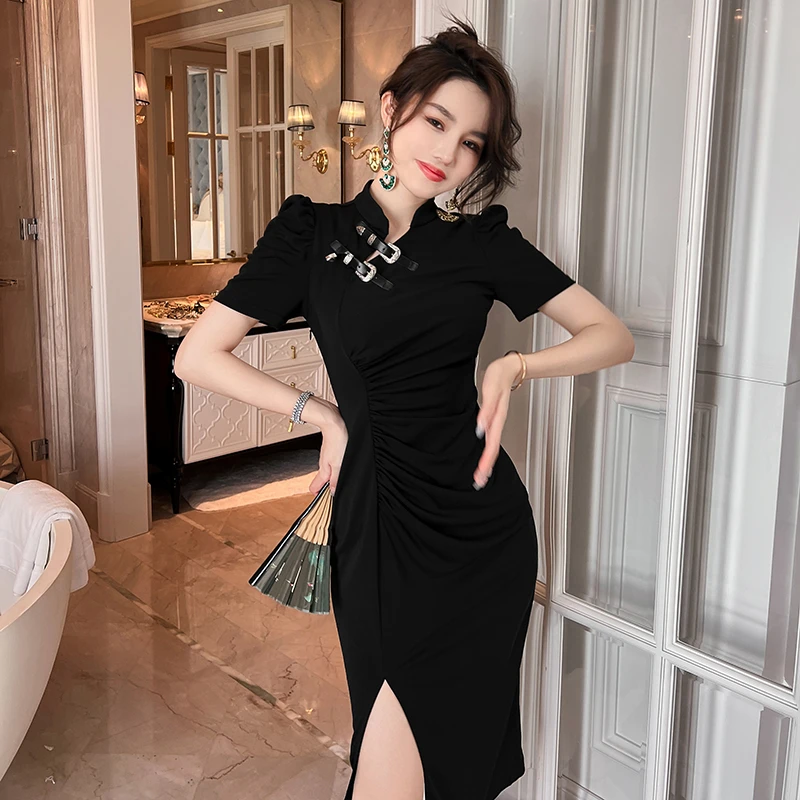 5843新中式收腰遮肚子显瘦连衣裙夏季新款独特高级感开衩纯欲裙子