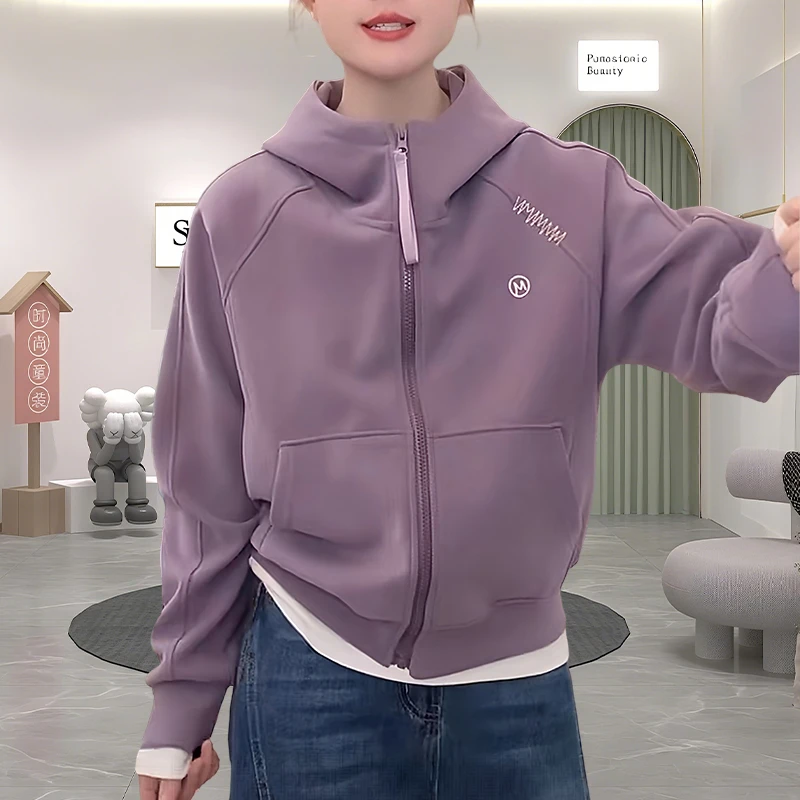 时尚洋气字母刺绣连帽卫衣秋冬新款时髦慵懒通勤拉链开衫短外套女
