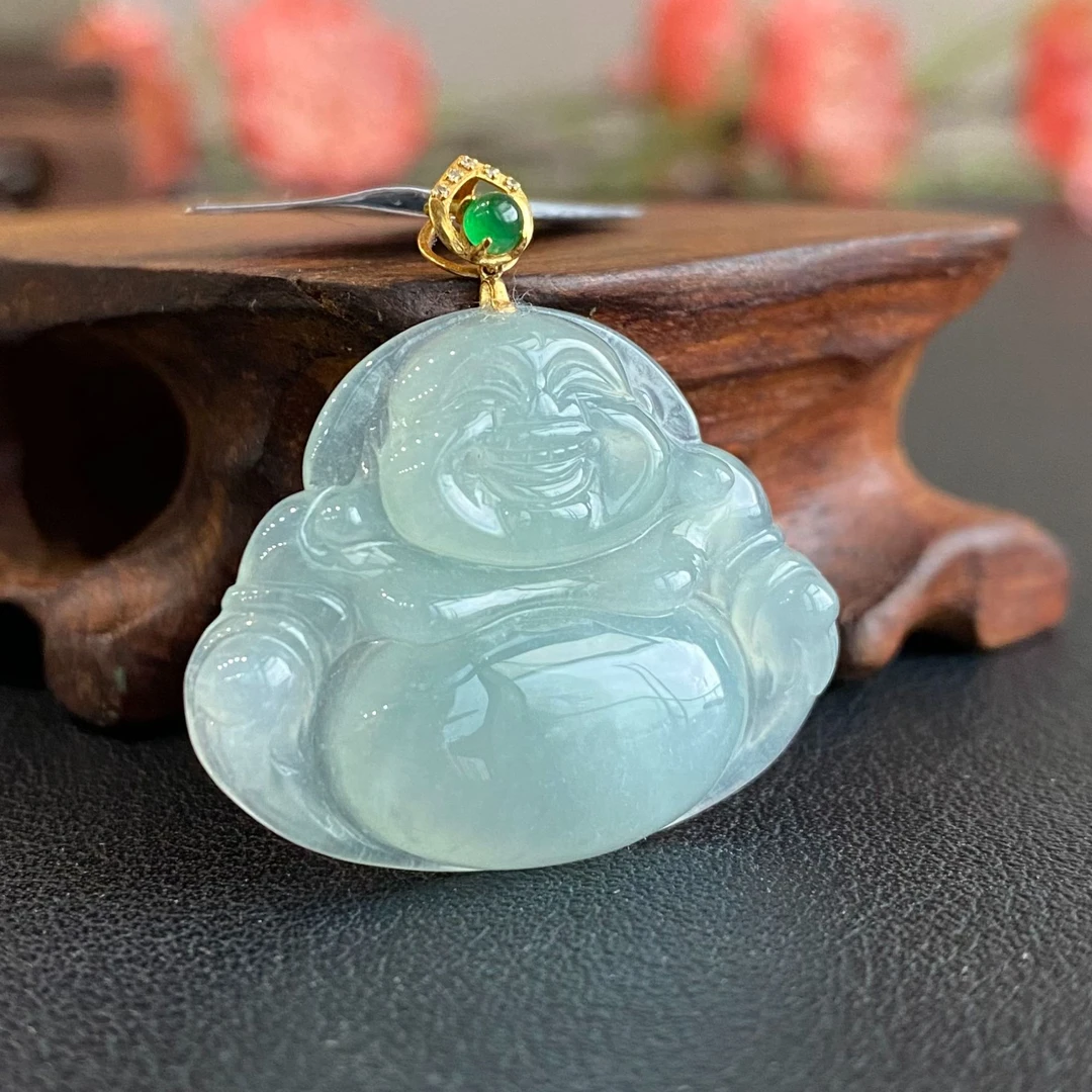 精美佛公吊坠 天然缅甸A货翡翠 18K金镶唯美佛公@cmt1384-3