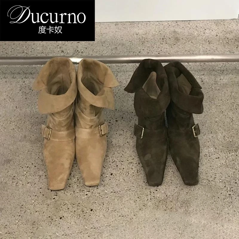 DUCURNO 2025韩版新款小众设计复古法式短靴小方头西部靴麂皮女靴