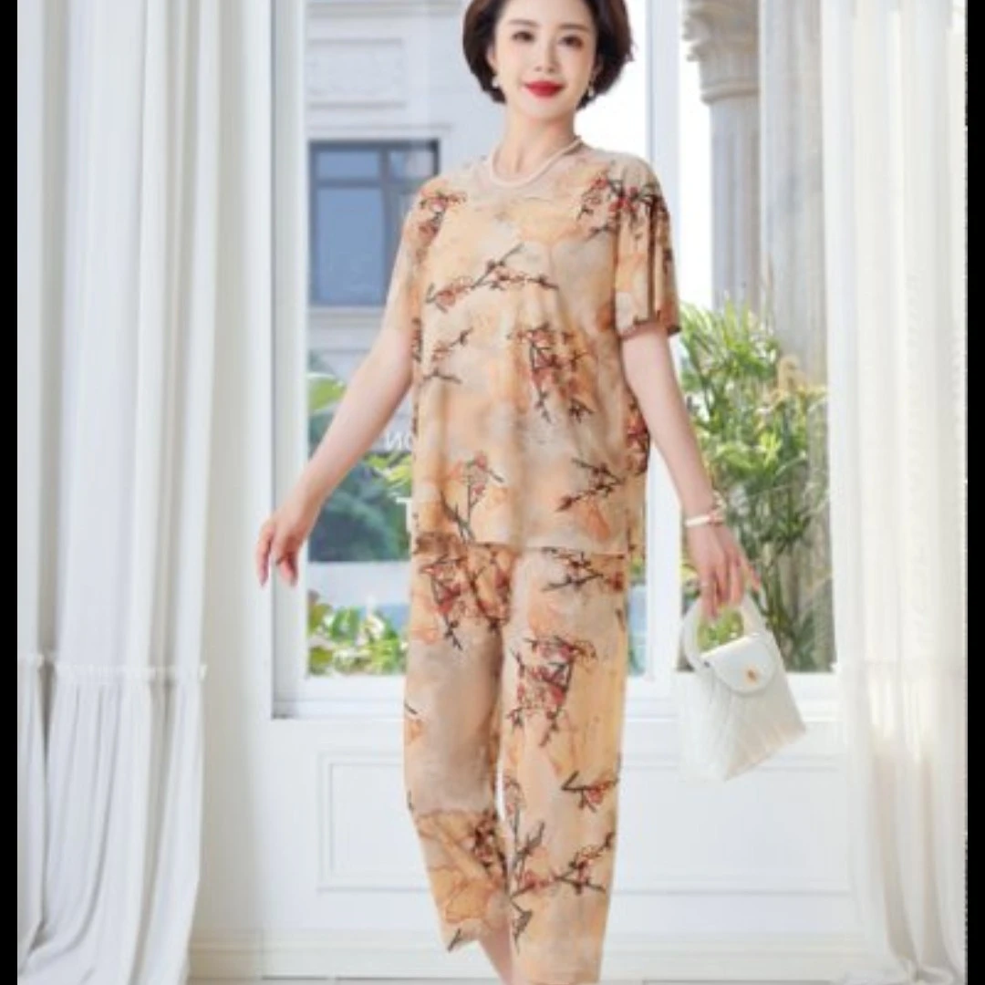 【富贵花】新款夏季热卖妈妈套装气质大码洋气时尚休闲宽松妈妈装