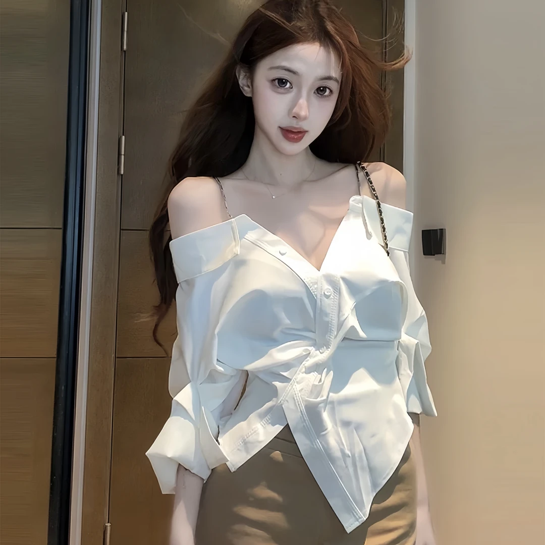 【白韵】法式露肩挂脖长袖衬衫女早秋一字肩开叉绝美上衣收腰显瘦