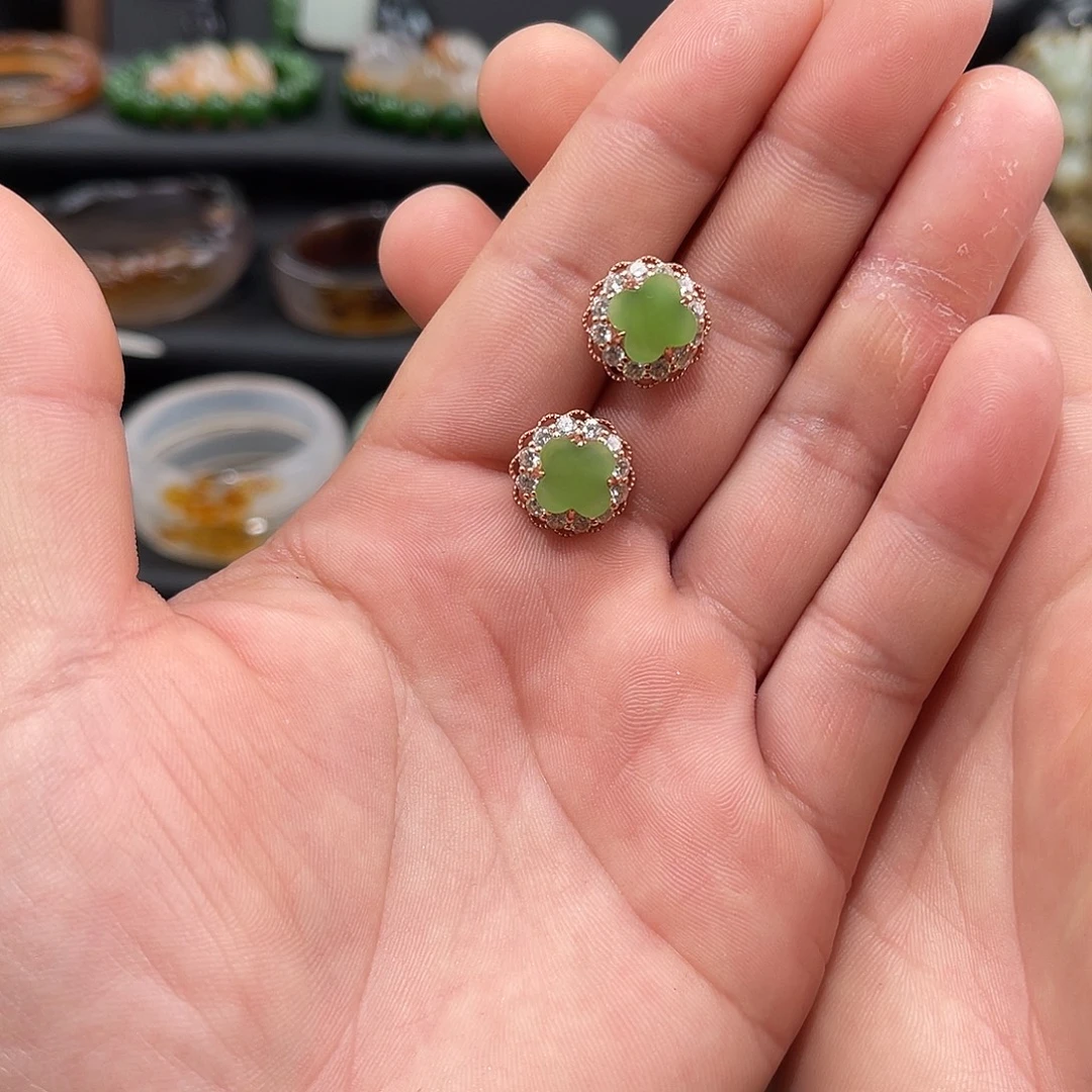 和田玉银S925镀金镶嵌耳饰