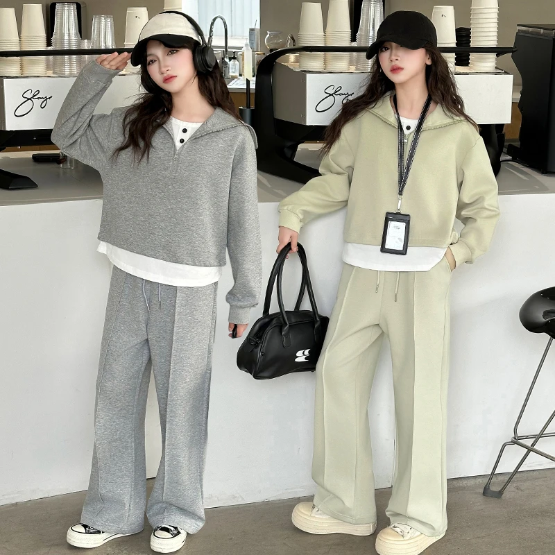 女童春款卫衣套装2025新款运动拉链翻领休闲洋气春秋儿童两件套