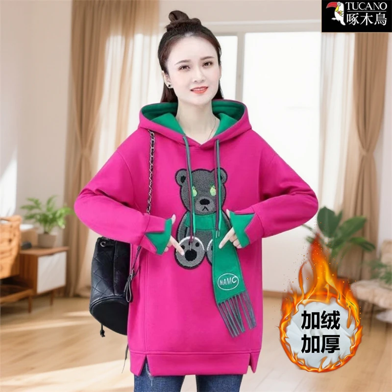啄木鸟2025年连帽长袖假两件拼色上衣秋冬加绒刺绣宽松显瘦卫衣女