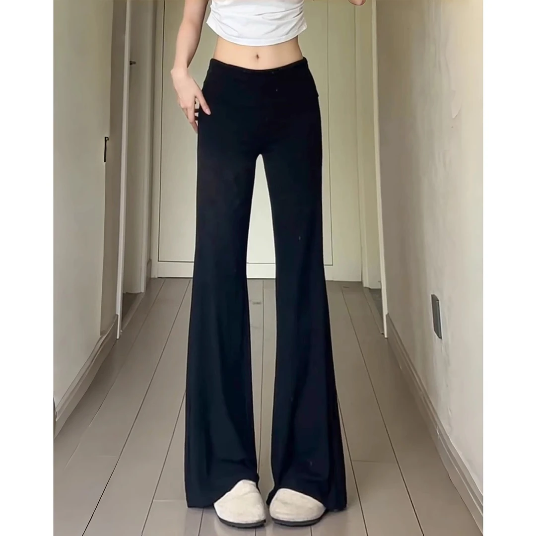 黑色针织微喇阔腿裤女夏季新款低腰辣妹休闲卫裤直筒裤弹力瑜伽裤