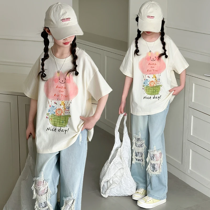 女童短袖破洞牛仔裤套装2025新款夏装6-12岁潮酷中大儿童时髦洋气