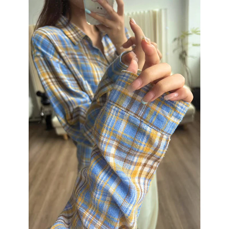 黄蓝格子设计感衬衫男款夏季高级感上衣情侣衬衣美式复古中性外套