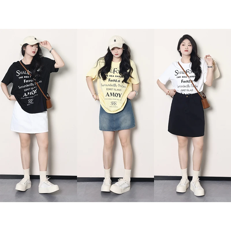 QC宣宣-【进阶丹宁】微胖大码女夏复古牛仔上衣+半裙套装 ZY405J36