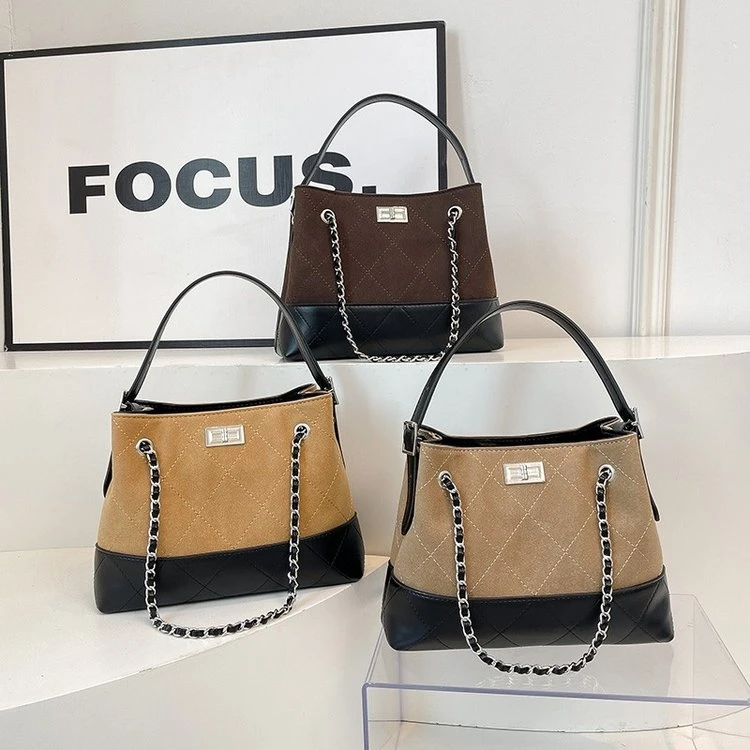 格子手提款镶嵌双根文艺风单肩包腋下秋冬气质