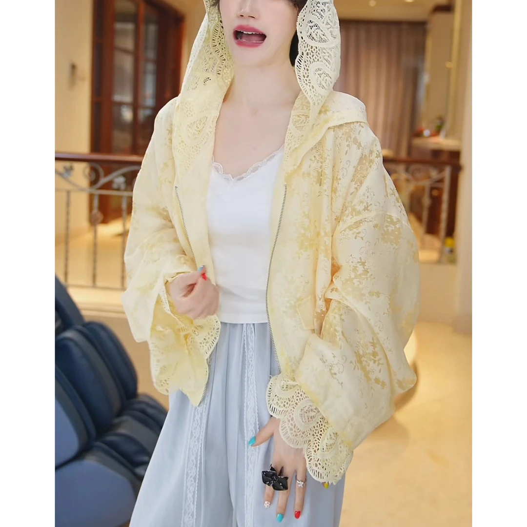 时尚设计感蕾丝拼接短外套2025春夏新款宽松显瘦连帽开衫防晒上衣