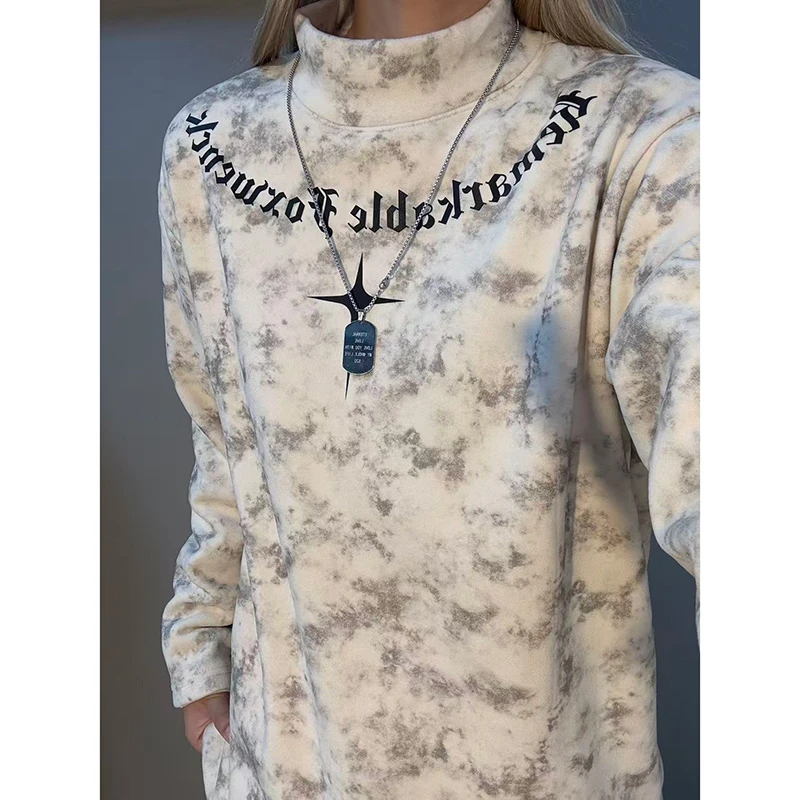 扎染印花德绒打底衫男款秋冬半高领杏色长袖T恤美式内搭休闲卫衣