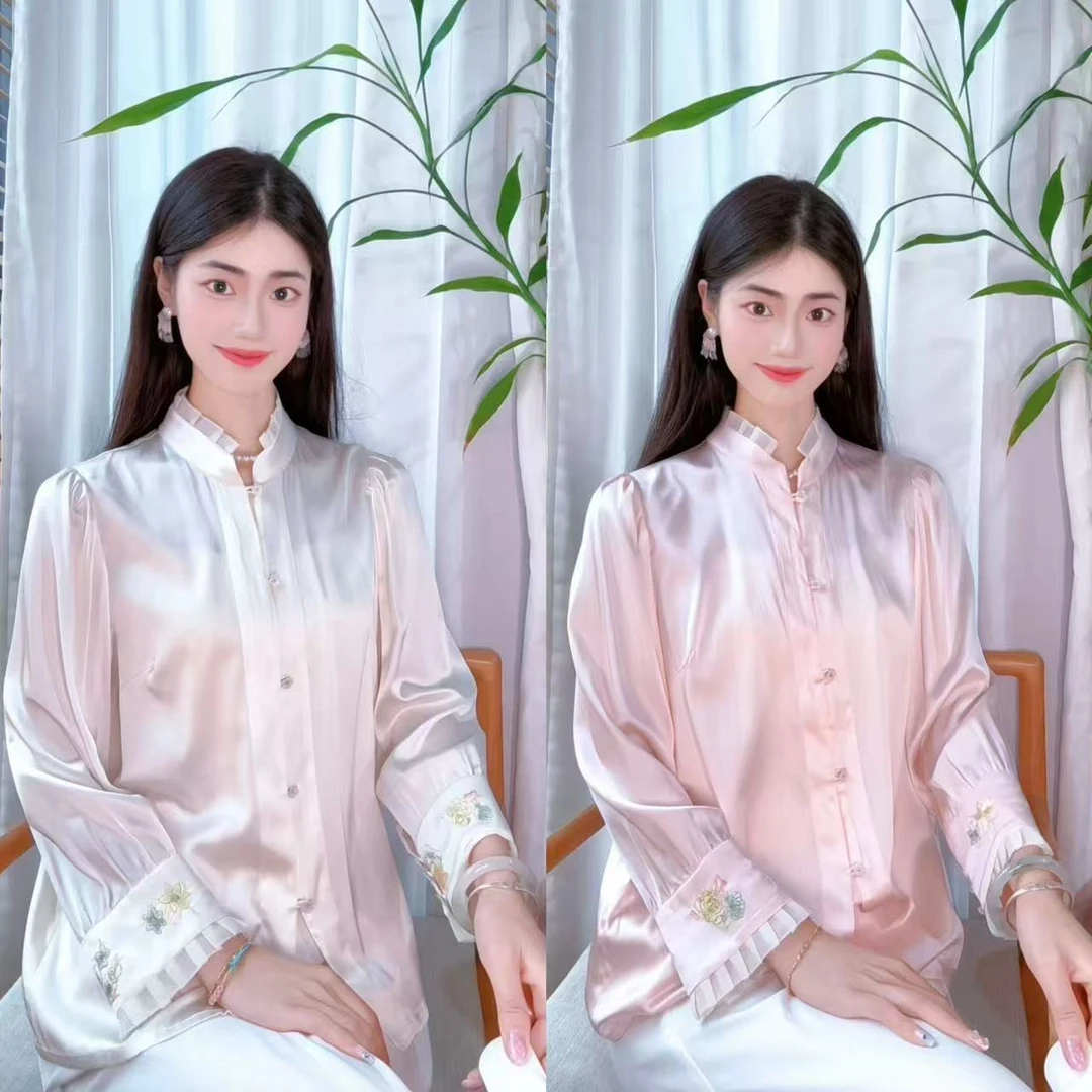 2945《嫩粉芭比》桑蚕丝绣花衬衫 新中式