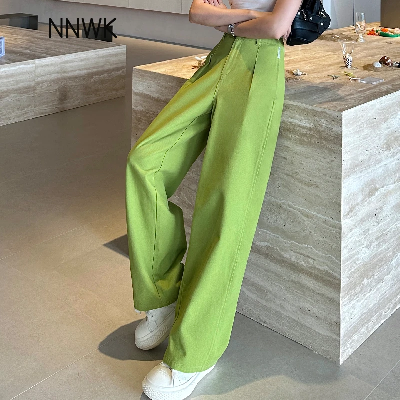 牛油果绿色裤子女春秋新款牛仔裤女小众跳舞设计感直筒阔腿裤长裤