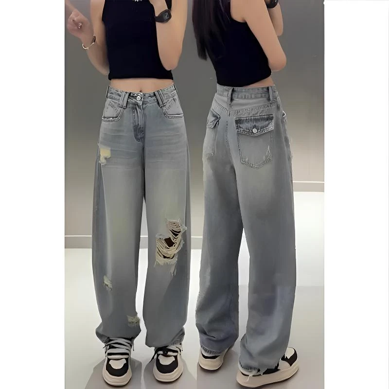 破洞阔腿裤牛仔裤直筒春夏季新款浅色显瘦萝卜裤弯刀牛仔破洞裤女