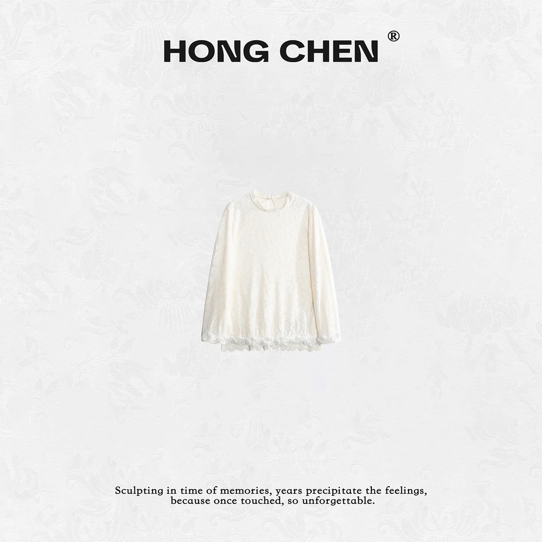 【虹辰】高端时尚优雅蕾丝提花百搭花边圆领高级感气质上衣--HC2221