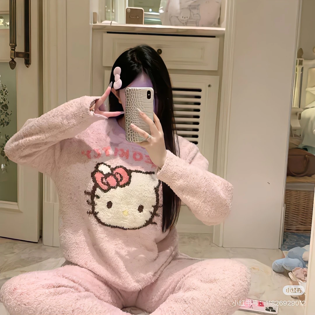 软糯KT猫新款加厚加绒睡衣女生秋冬季半边卡通长袖保暖家居服套装