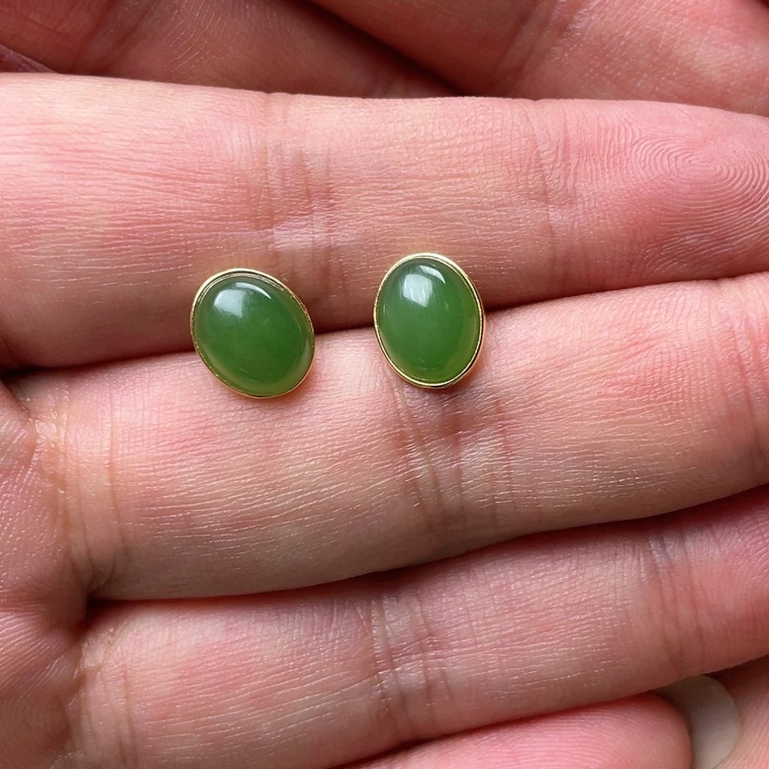 和田玉耳钉银S925镶嵌