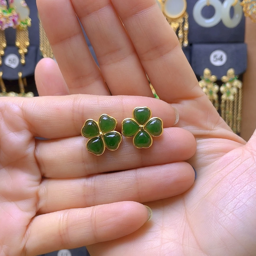 和田玉银S925镀金镶嵌耳饰