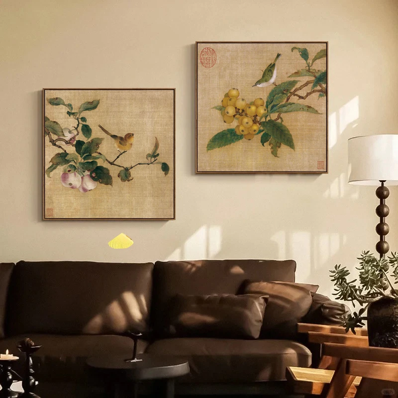 宋式美学花鸟挂画中古风客厅装饰画中式法式复古艺术感沙发墙挂画