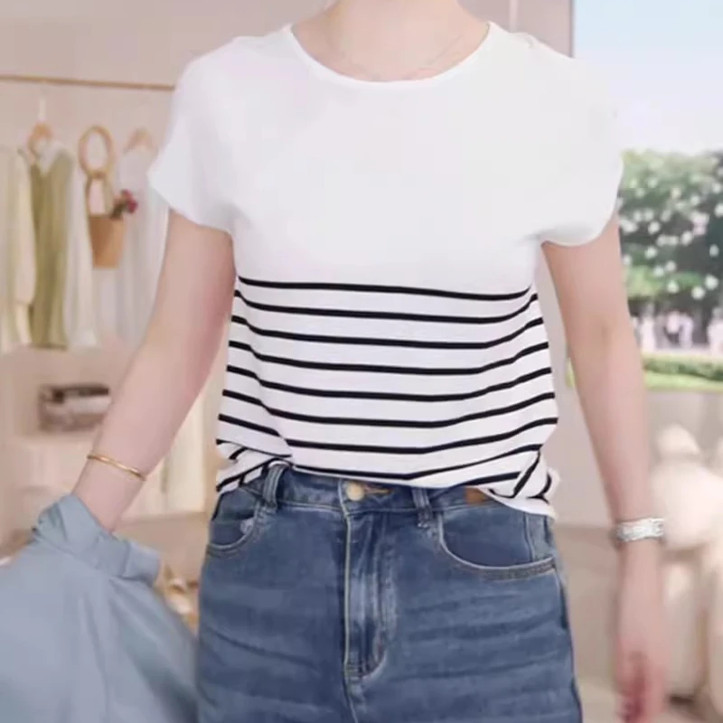 简约风连肩条纹设计感圆领短袖毛针织衫女士2025夏季别致时尚上衣