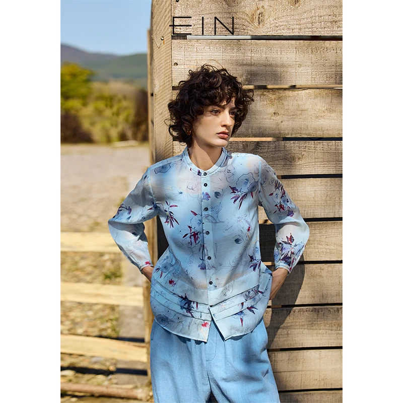 EIN/言薄雾云感丝棉月影玫瑰印花立领层次感长袖衬衫2025早春新款