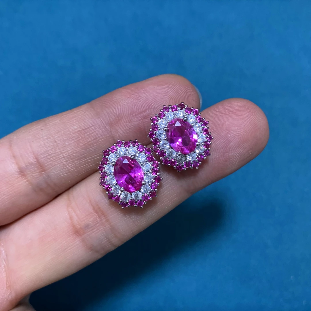 红宝石（处理）高贵豪华镶嵌玫红色耳钉916