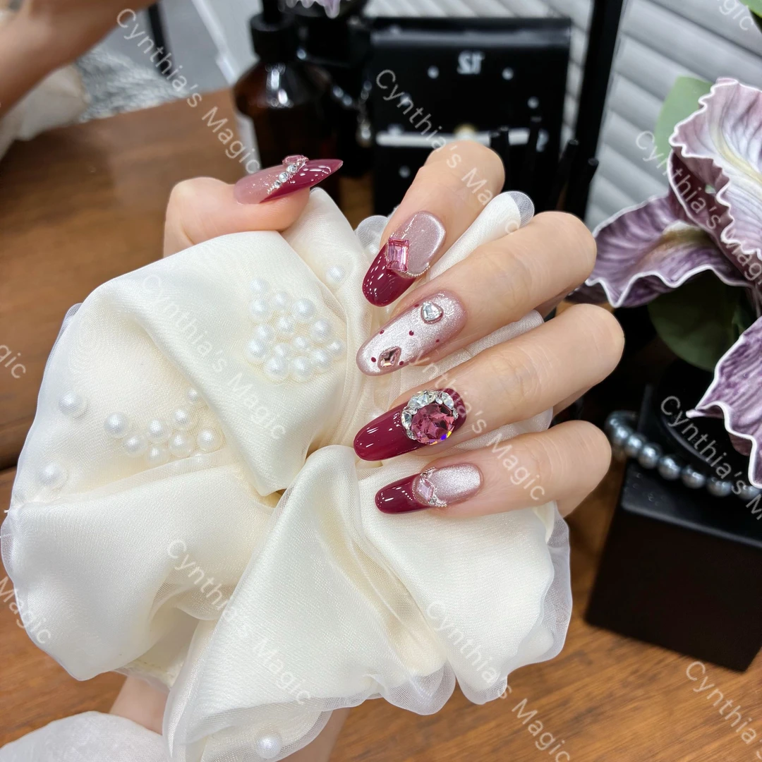 【玫色馨香】纯手工定制冰莓法式碎碎冰猫眼纯欲风芭比美甲穿戴甲