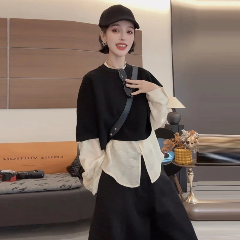 显瘦时尚休闲套装女2025秋季新款百搭长袖衬衫圆领短款针织衫马甲