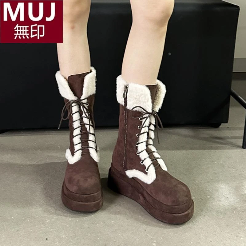 日本无印妙毛毛雪地靴女2025年季新款咖啡厚底加绒保暖中筒马丁靴