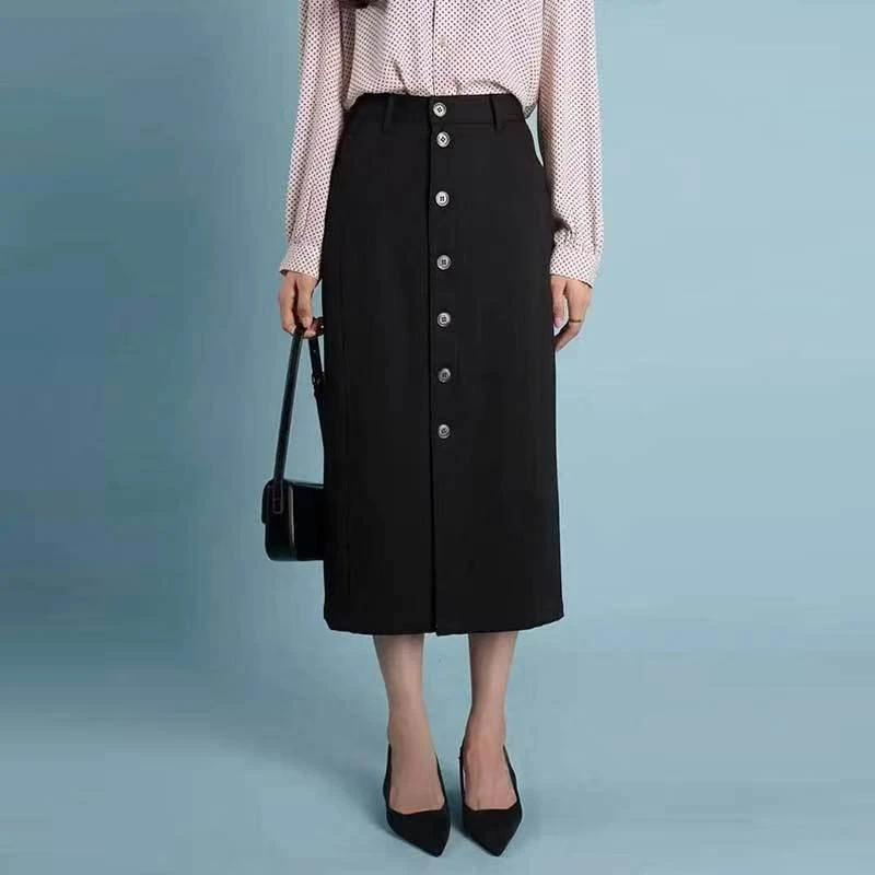 哥弟阿玛施正半裙高腰半身裙包臀裙显瘦H型黑色简约职场A字裙女装