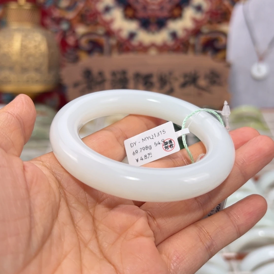 和田玉未镶嵌手镯羊脂白玉手镯 宽12胖圆条 54.8圈