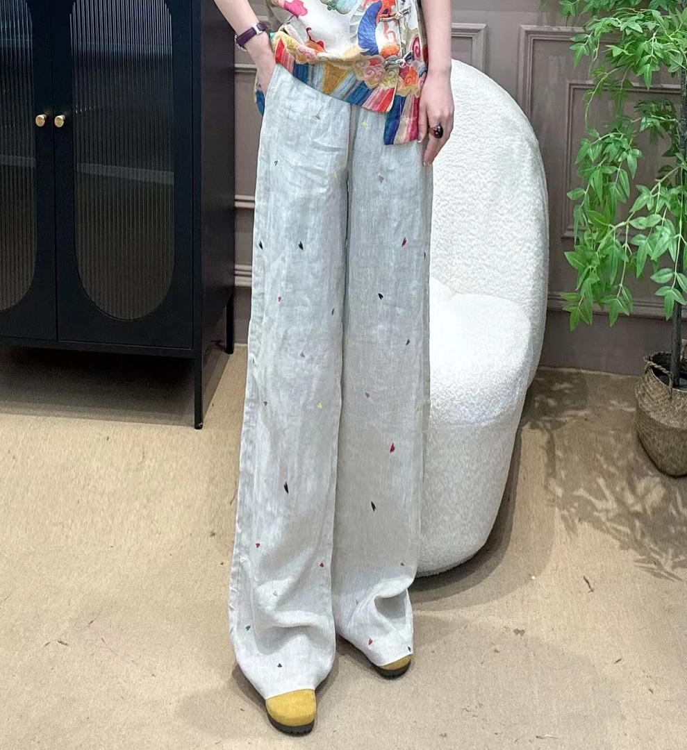 【元素家】“桃心”夏季新款国风新中式时尚金丝麻直筒裤33829