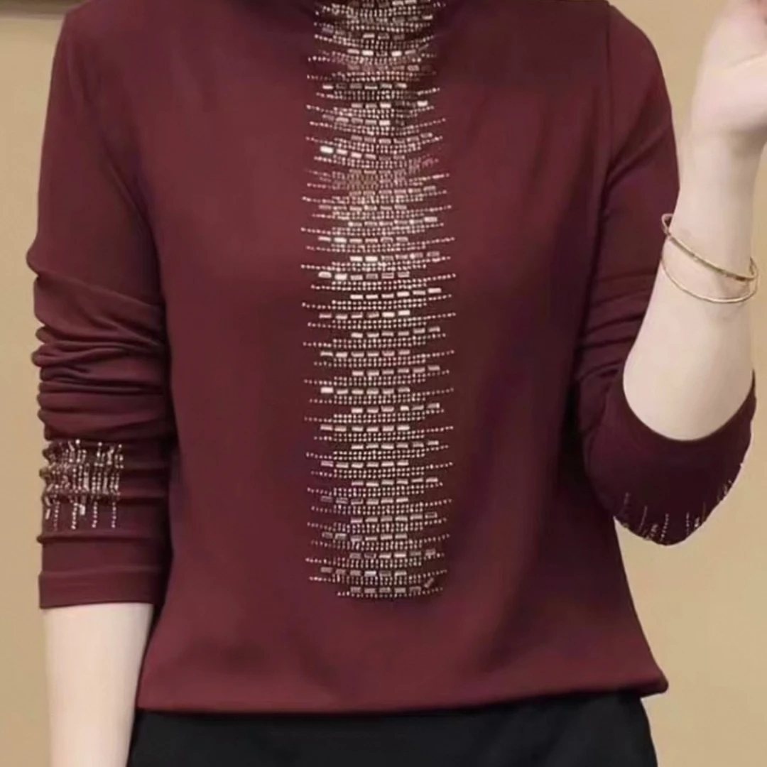 纯色女烫钻宽松型长袖半高领T恤百搭妈妈装秋冬季