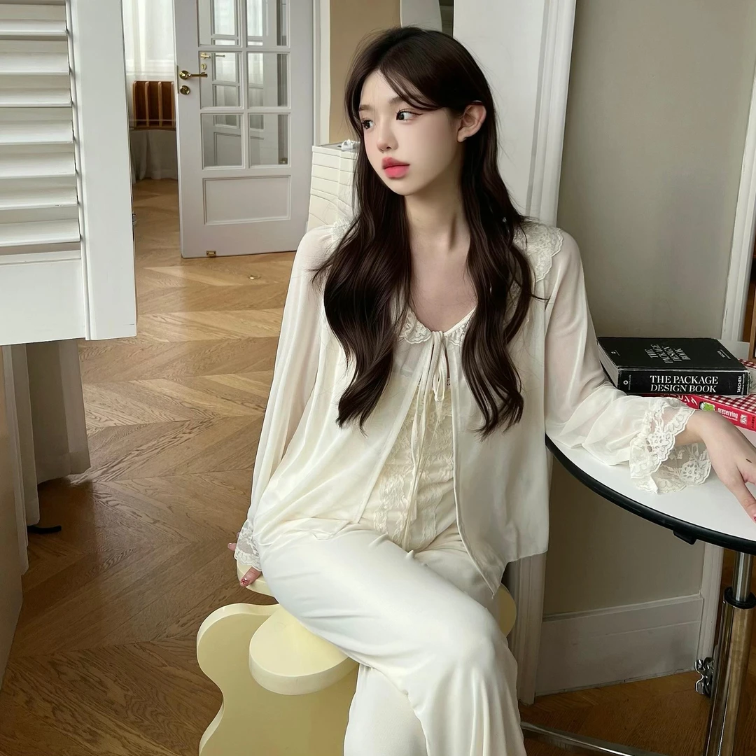 纯欲风三件套冰丝睡衣女春秋季性感蕾丝法式小香风吊带长袖家居服