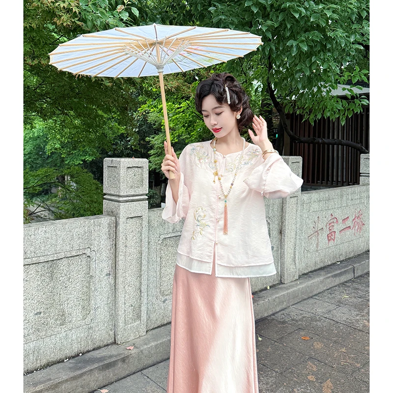 果果家【绣影】新中式2025夏季女装刺绣上衣薄款中国风圆领短外套